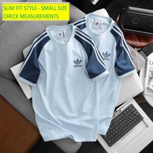 Adidas Classics Original 3 Stripes Tee Shirt Trefoil Retro Men Sky Blue Slim Fit